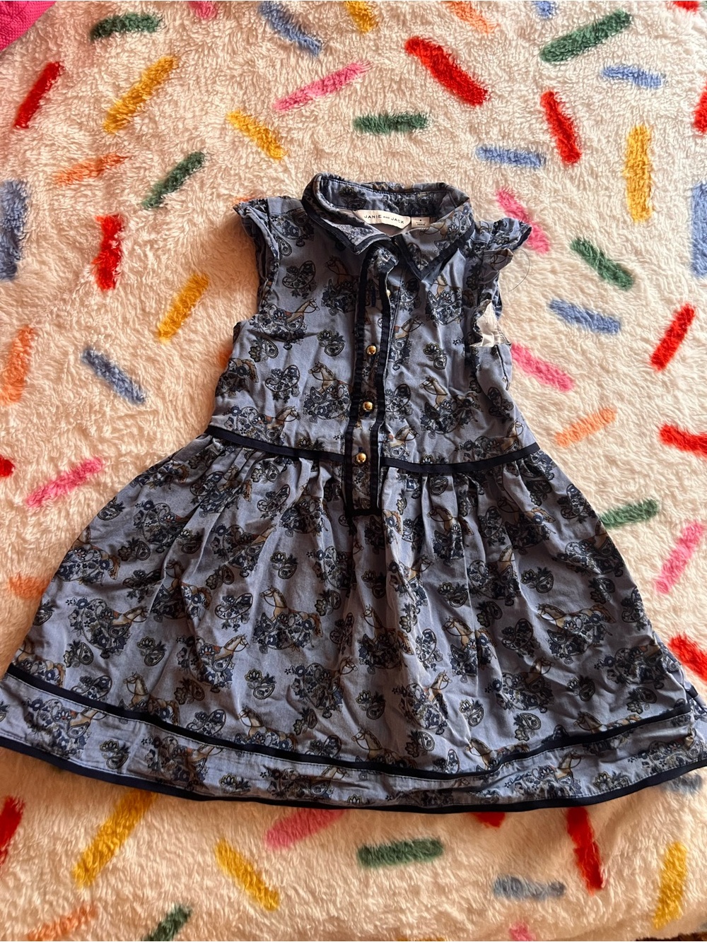 Janie and Jack Blue Floral-Print Sleeveless Cotton Dress with Black Trim